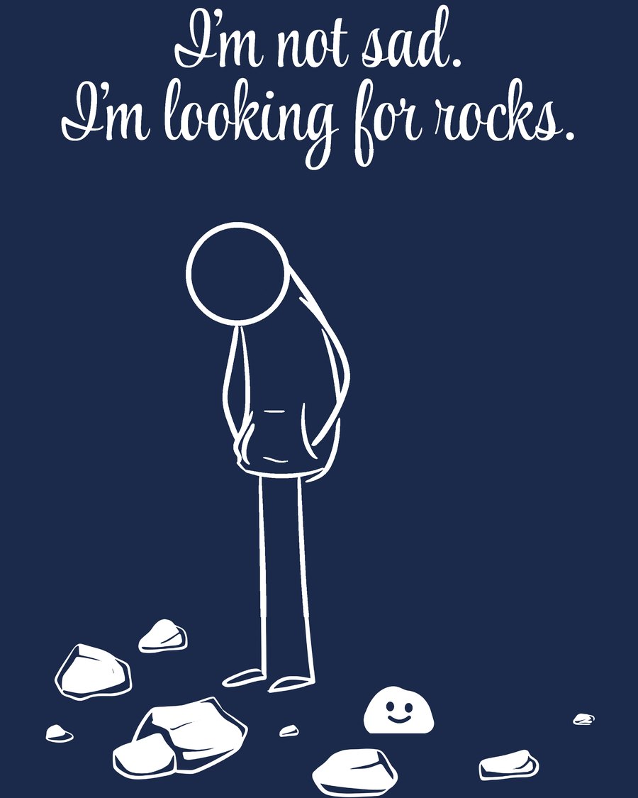 A girl looking down at the ground, Skip the rock at her feet. I'm not sad. I'm looking for rocks.