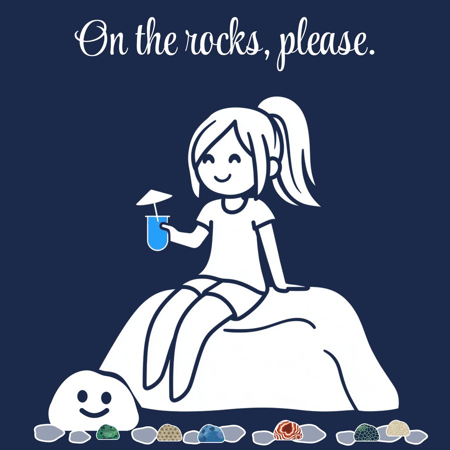A girl with a drink sitting on a boulder, Skip beside her, a row of Great Lakes stones along the bottom. On the rocks, please.