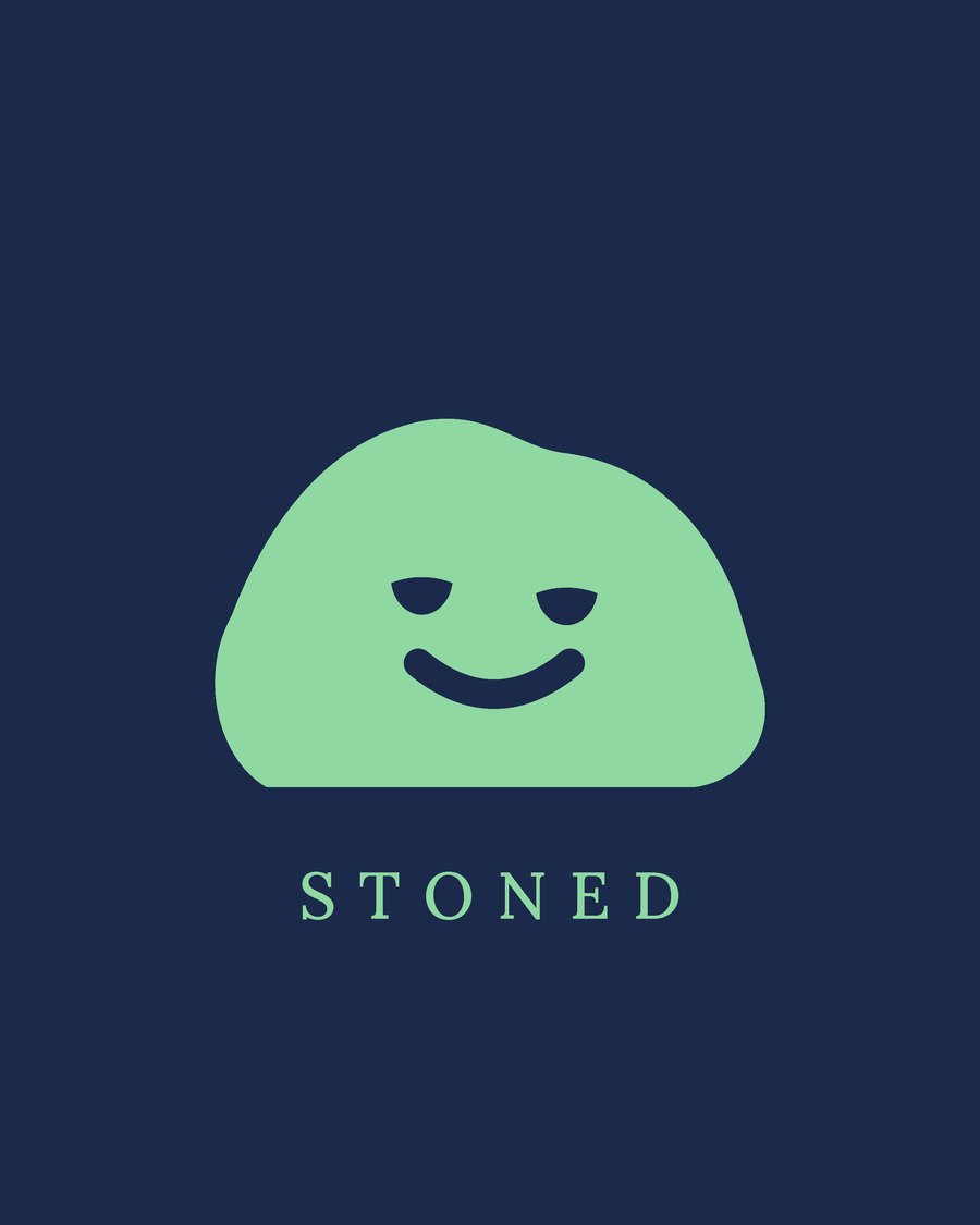 Skip with half closed eyes and a lazy smile, in green on black. Stoned.