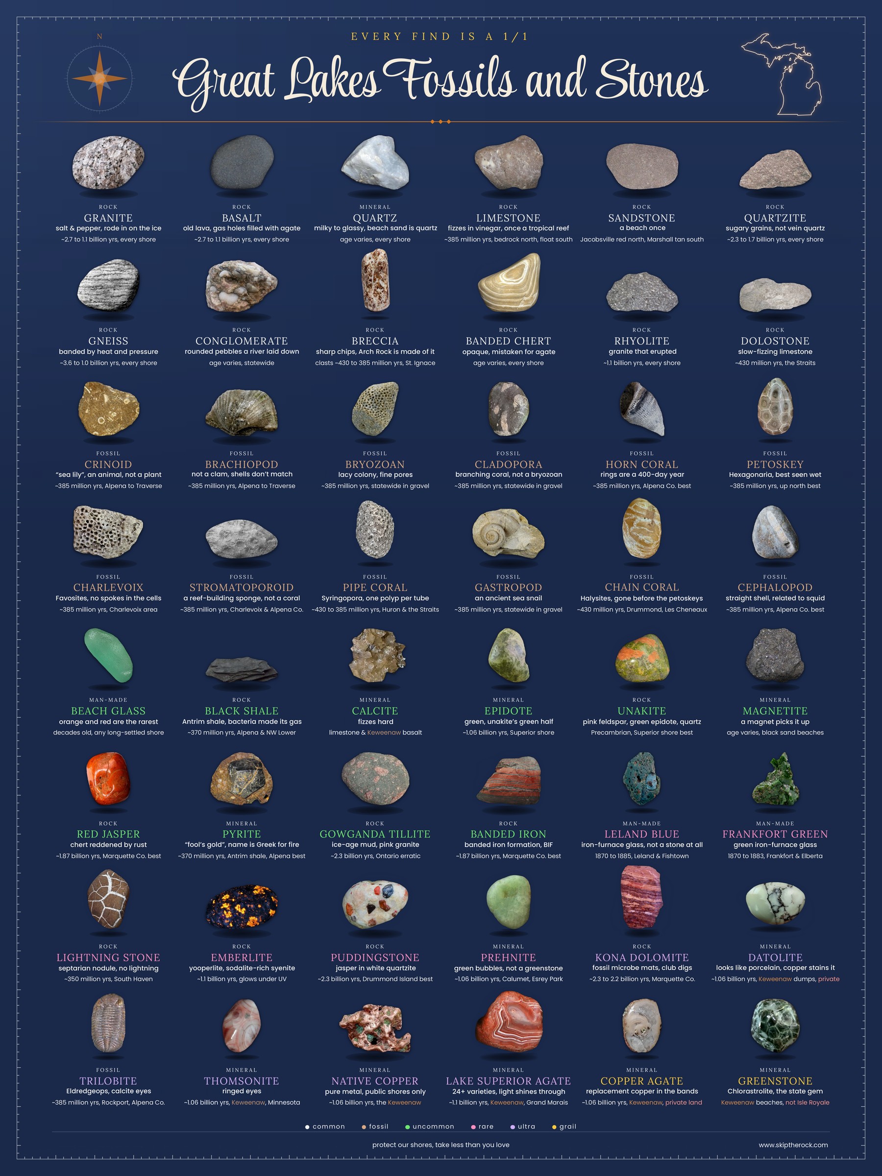 Great Lakes Fossils and Stones poster, 48 real specimens ranked bedrock to grail