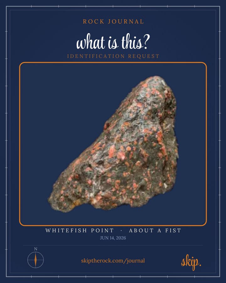 an identification request card built in the Rock Journal, showing the stone, the shoreline it came off and its size