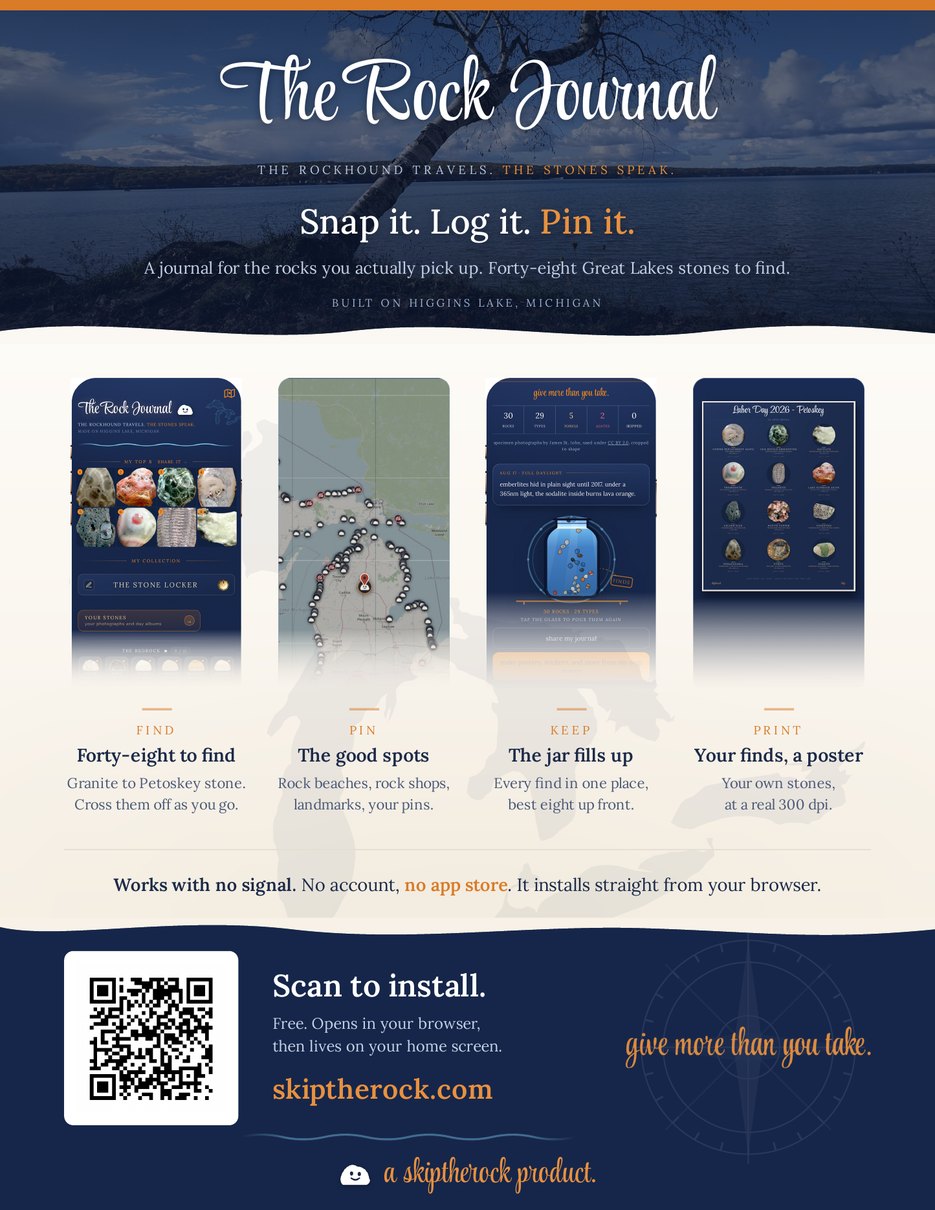 The Rock Journal one-pager: snap it, log it, pin it, with the QR code to install my free app