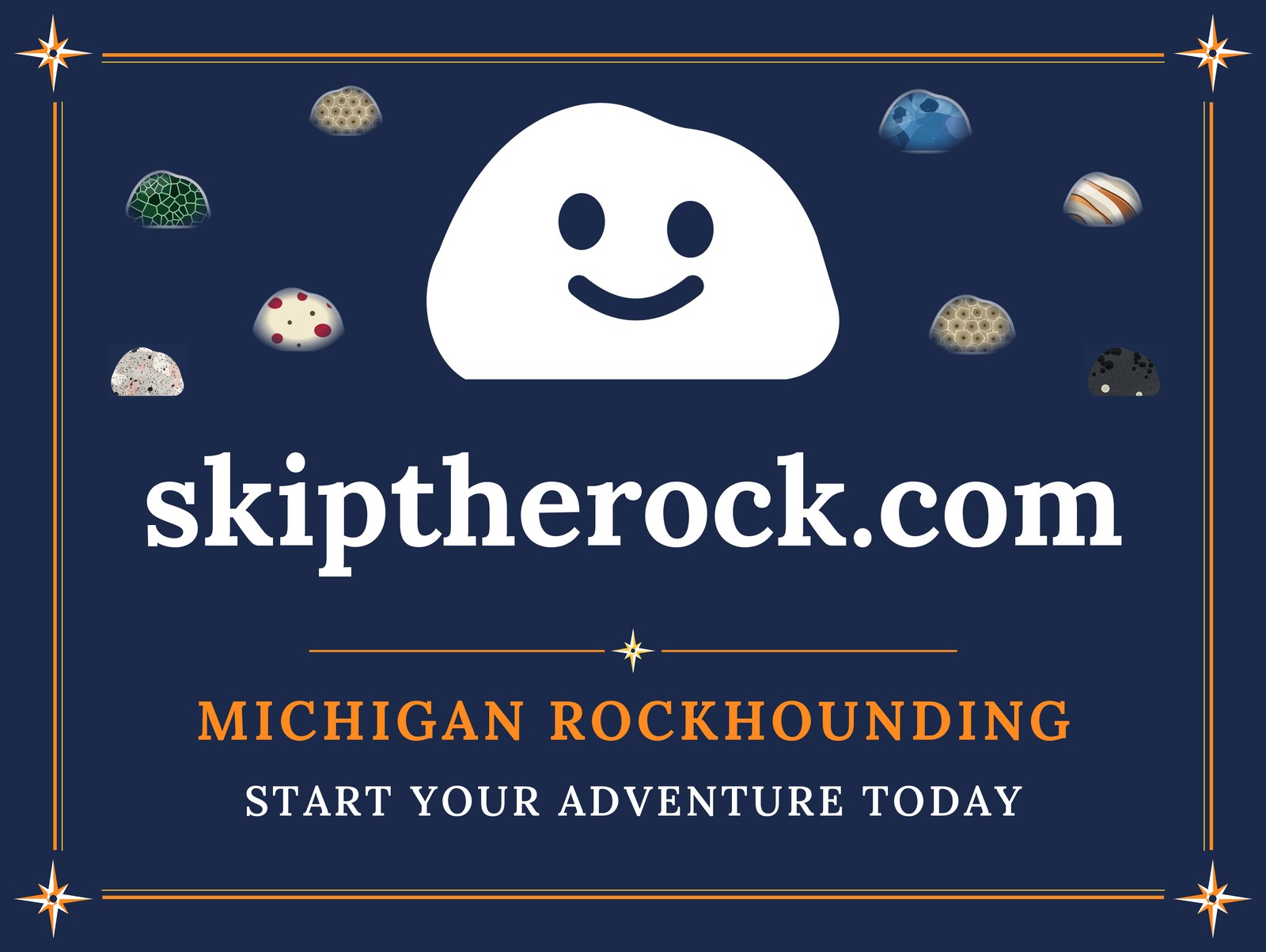 The skiptherock yard sign: Skip, skiptherock.com, Michigan rockhounding, start your adventure today